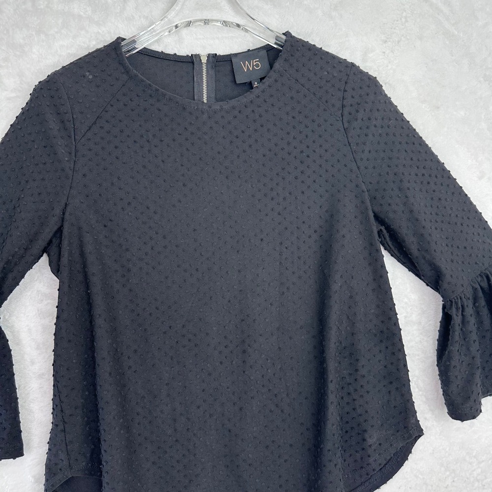 W5 Black Textured Dot Bell Sleeve Zipper Back Top Blouse Size S - Picture 2 of 13
